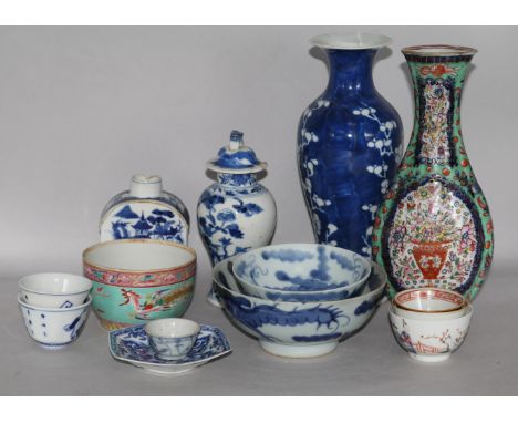 A group of Chinese vases, a tea caddy and nine bowls, 18th - 20th century, damage