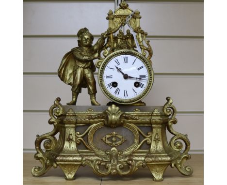 A 19th century French gilt spelter and alabaster eight day mantel clock, height 38cm