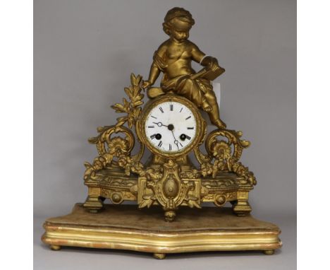 A 19th century French gilt spelter eight day mantel clock, with amorini surmount, height 33cm