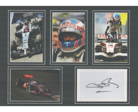 F1 Jenson Button Signed Signature Piece with 4 Fantastic 6x4 inch Colour photos, Mounted Professionally to an overall size of