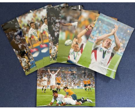England 2003 World Cup Collection of Eight Unsigned 16 x 12 inch Colour Glossy Photos Showing Wilkinson, Johnson and Robinson
