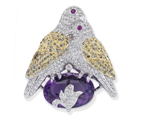 AMETHYST, DIAMOND, AND COLOURED DIAMOND BIRD BROOCHDesigned as two lovebirds, set with brilliant-cut diamonds and treated dia