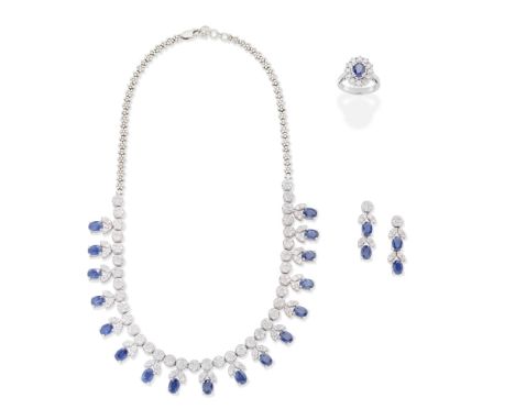 SAPPHIRE AND DIAMOND NECKLACE, EARRING AND RING SUITEThe necklace designed as a series of brilliant-cut diamond clusters susp