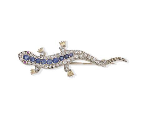 SAPPHIRE AND DIAMOND-SET SALAMANDER BROOCHSet with rose-cut diamonds with a row of cushion-shaped sapphires and ruby-set eyes
