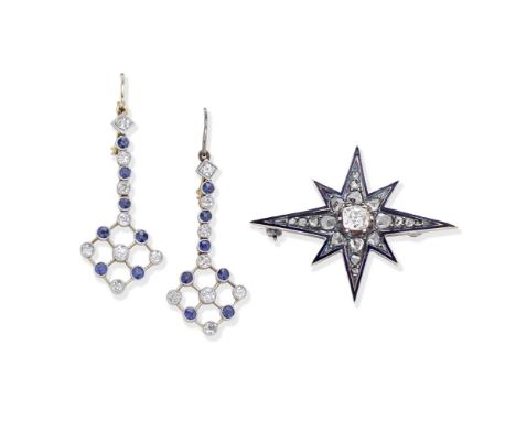 DIAMOND STAR BROOCH, MID 19TH CENTURY; SAPPHIRE AND DIAMOND EARRINGS,1st: The central cushion-cut diamond surrounded by rose-