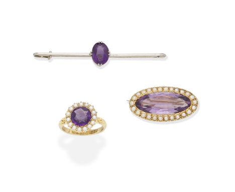 COLLECTION OF AMETHYST AND SEED PEARL JEWELLERY, CIRCA 19001st: The brooch set with an oval-cut amethyst within a seed pearl 