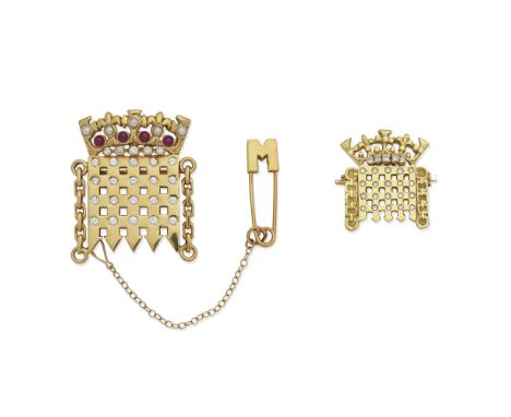 GEM-SET CROWNED PORTCULLIS BROOCHES1st: The portcullis, set with brilliant-cut diamonds, beneath the crown, set with seed pea
