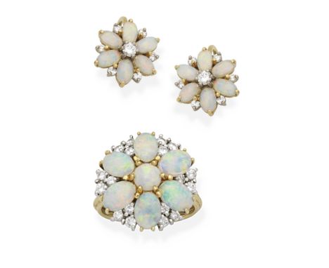 OPAL AND DIAMOND CLUSTER RING AND EARRINGS,  CIRCA 1980The ring of flowerhead design, set with opal cabochons and brilliant-c