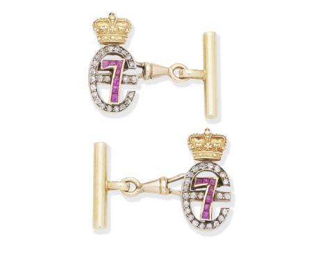 RUBY AND DIAMOND CUFFLINKS, CIRCA 1905Single-sided, each designed as a crown above the initial 'E' set with rose-cut diamonds
