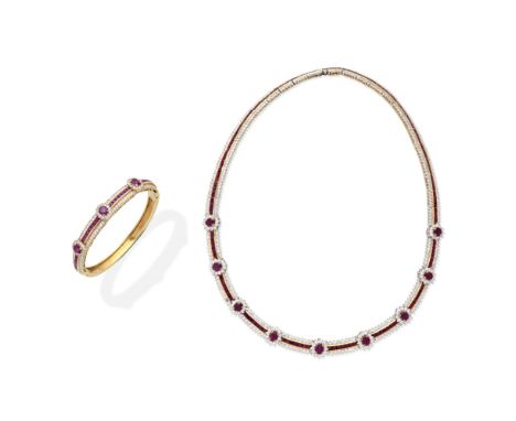 RUBY AND DIAMOND NECKLACE AND BANGLEThe necklace designed as series of calibré-cut rubies between two rows of brilliant-cut d