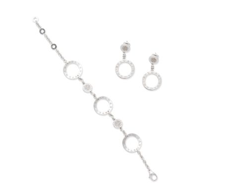 BULGARI: DIAMOND-SET 'BULGARI BULGARI' BRACELET AND EARRING SUITEThe bracelet composed of hoops engraved BULGARI, two hoops p