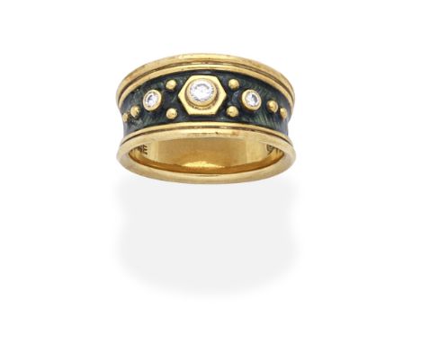 ELIZABETH GAGE: DIAMOND AND ENAMEL RINGThe tapering band set with brilliant-cut diamonds and decorated with green enamel, sig
