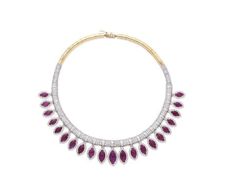 RUBY AND DIAMOND NECKLACE, EARRINGS AND RING SUITEThe baguette and brilliant-cut diamond necklace suspending marquise-shaped 