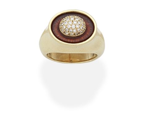 AMR SHAKER: ENAMEL AND DIAMOND RING, 1992The pavé brilliant-cut diamond bombé centre within a red enamel surround, mounted in