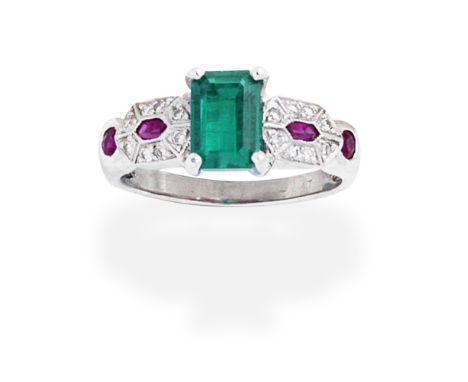 EMERALD, RUBY AND DIAMOND RINGSet with a step-cut emerald, between shoulders set with brilliant-cut diamonds and rubies,  rin