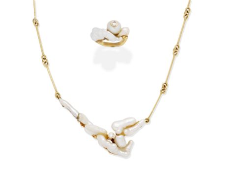 BAROQUE CULTURED PEARL AND DIAMOND NECKLACE AND RINGThe necklace set with baroque cultured pearls with a brilliant-cut diamon