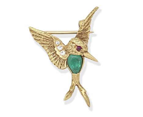 E WOLFE &amp; CO: GEM-SET HUMMINGBIRD BROOCH, 1987The body set with a pear-shaped emerald, with ruby-set eyes and a wing deco