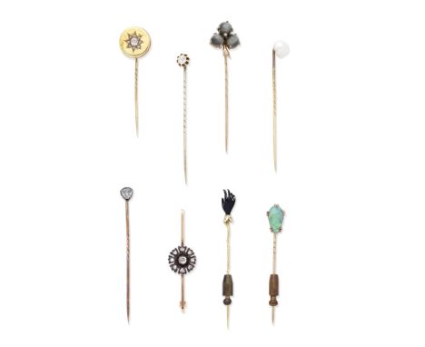 COLLECTION OF ANTIQUE STICK PINS; DIAMOND BAR BROOCH, 19TH CENTURY1st: Set with a rose-cut diamond, 2nd: Set with a 7.9mm sem