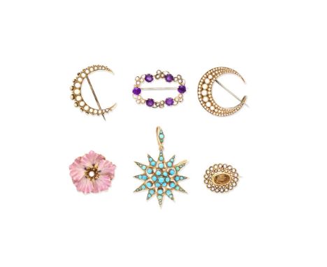 SIX GEM-SET BROOCHES, LATE 19TH - EARLY 20TH CENTURY1st: Set with an oval-cut citrine within a seed pearl surround, 2nd: Set 