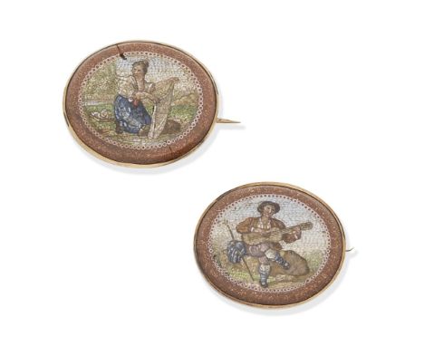 PAIR OF MICRO-MOSAIC AND GOLDSTONE BROOCHES, CIRCA 1870Each oval goldstone inlaid with a micro-mosaic, depicting a lute playe