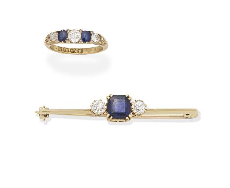 SAPPHIRE AND DIAMOND BROOCH AND RINGThe bar brooch set with a cushion-shaped sapphire between old brilliant-cut diamonds, the