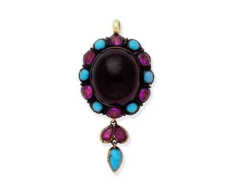 GEM-SET PENDANT/SLIDE, 19TH CENTURYThe garnet carbuncle within a table-cut ruby and turquoise cabochon surround, suspending a