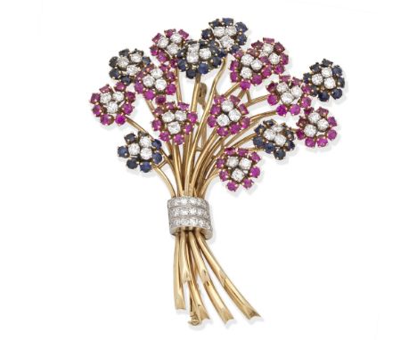 VOURAKIS: RUBY, SAPPHIRE AND DIAMOND BOUQUET BROOCH, MID 20TH CENTURYEach flower set with a trio of brilliant-cut diamonds wi