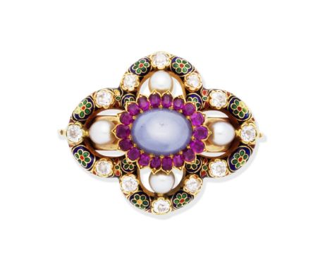 STAR SAPPHIRE, RUBY, PEARL, DIAMOND AND ENAMEL BROOCHThe Holbeinesque quatrefoil clasp, circa 1860, decorated in polychrome e