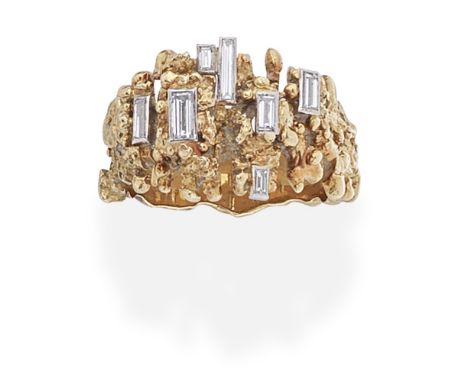 DIAMOND-SET RING, CIRCA 1970Of textured, abstract design, set with baguette-cut diamonds, ring size approx. NFor further info