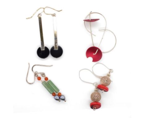 Silver earring group includes red titanium, red coral and onyx pieces