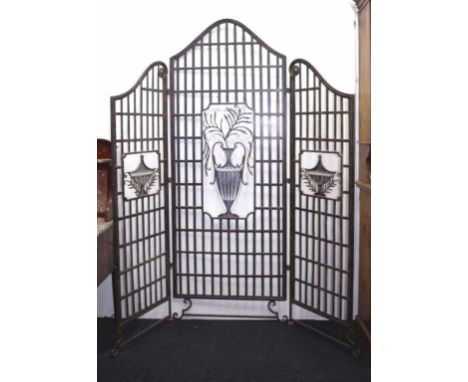 French style metal screen with central panel flanked by 2 hinged narrower panels, 184cm wide, 214cm high approx