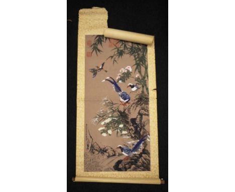 Chinese hand painted scroll Birds and Blossoms, signed in characters lower left, (100cm X 47cm approx). (As inspected: tears 