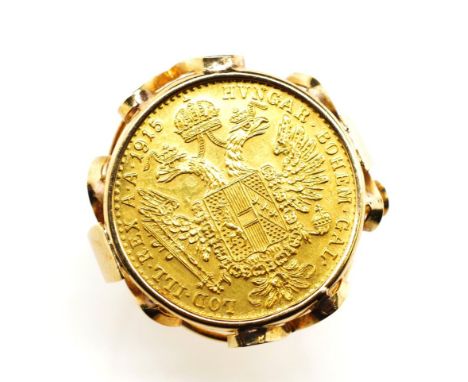 Franz Joseph 1 Ducat coin set 14ct gold ring Marked 585. Approx weight 5.75 grams, ring size P