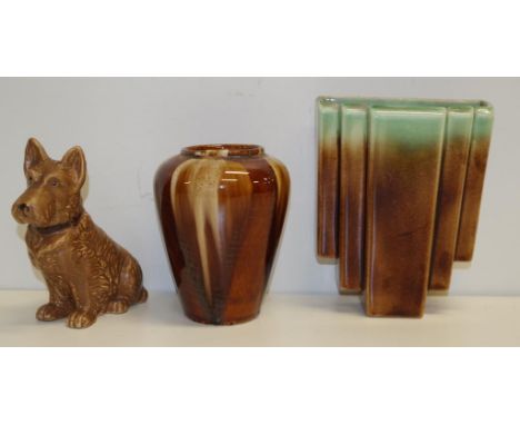 Sylvac scotch terrier, a Bendigo Pottery vase and an art deco Trent Pottery wall vase, 16cm , 15cm and 21cm high approx