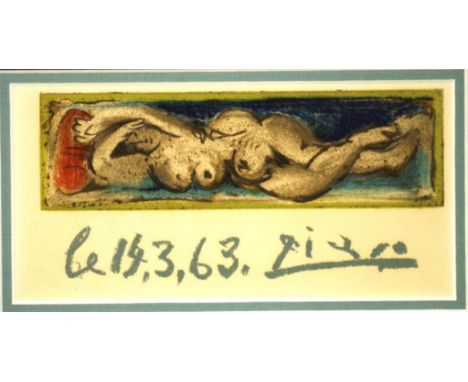 Framed Pablo Picasso lithograph ' Femme Nue Couchee,'  1963, signed lower margin, Certificate of Authenticity verso, (8cm X 1