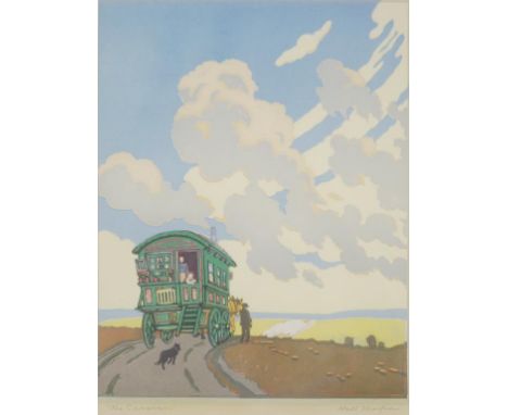 John Hall Thorpe (1874-1947) 'The Caravan' coloured woodblock print, signed lower right, (33cm X 26cm approx).