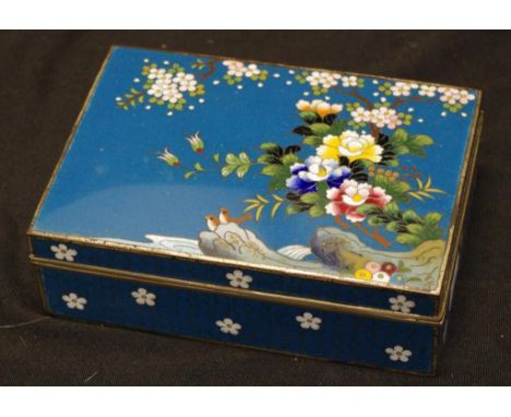 Good Japanese cloisonne enamel box with floral &amp; bird decoration on a blue ground, 10cm x 14cm, 4cm high approx.