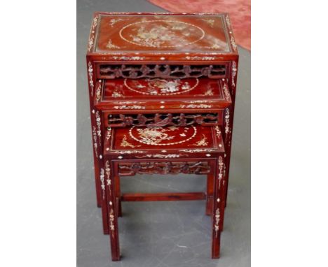 Chinese mother of pearl inlaid nest of tables with ornate carving, 51cm wide, 66cm high
