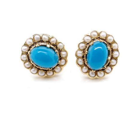 Antique 9ct yellow gold, turquoise and seed pearl earrings for pierced ears. Approx weight 2.34 grams in original fitted box 