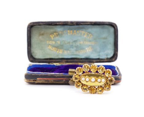Citrine, seed pearl and 9ct gold mourning brooch approx weight 6 grams. Test as 9ct
