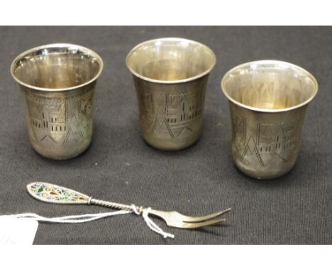 Set three Russian silver shot glasses each decorated with architectural scenes, marked to base, (height 5cm approx, each; wei