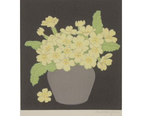 John Hall Thorpe (1874-1947) 'Primroses' coloured woodblock print, signed lower left, (16.5cm X 15cm approx). Unframed.