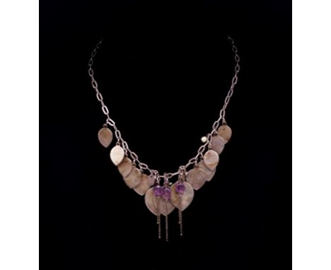 Sterling silver necklace with amethyst and hanging panels. Marked 925 to spring ring. Approx 35 grams, 40cm length