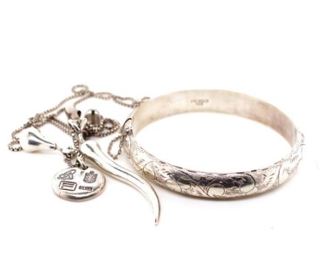 A group of silver jewellery includes a chilli, pear, shoe charms and pendants and a hinged bangle. Mixed silver marks. Approx