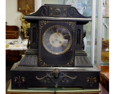 Antique French mantle clock with 8 day striking movement in an architectural slate case,  pendulum included, 49cm wide, 18.5c