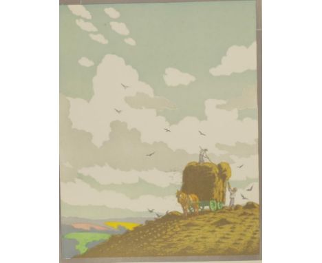 John Hall Thorpe (1874-1947) 'The Haymakers' coloured woodblock print, unsigned, (32cm X 25cm approx). Unframed.