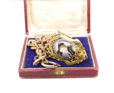 Antique fob chain and portrait brooch base metal fob chain approx 36cm length