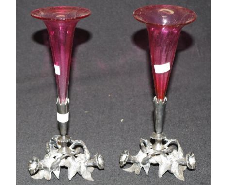 Pair of ruby glass and silver plated epergne's with floral base decoration, height 20.5cm approx