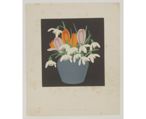 John Hall Thorpe (1874-1947) 'Snowdrops &amp; Crocus' coloured woodblock print, signed lower right, (16.5cm X 15cm approx). U