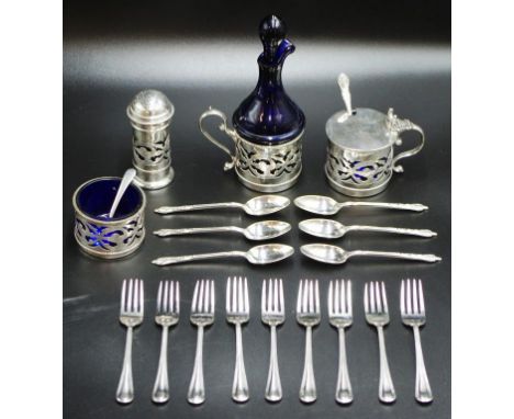 Good four piece silver plate condiment set including open salt, mustard pot, pepper shaker, and vinegar decanter, each with p